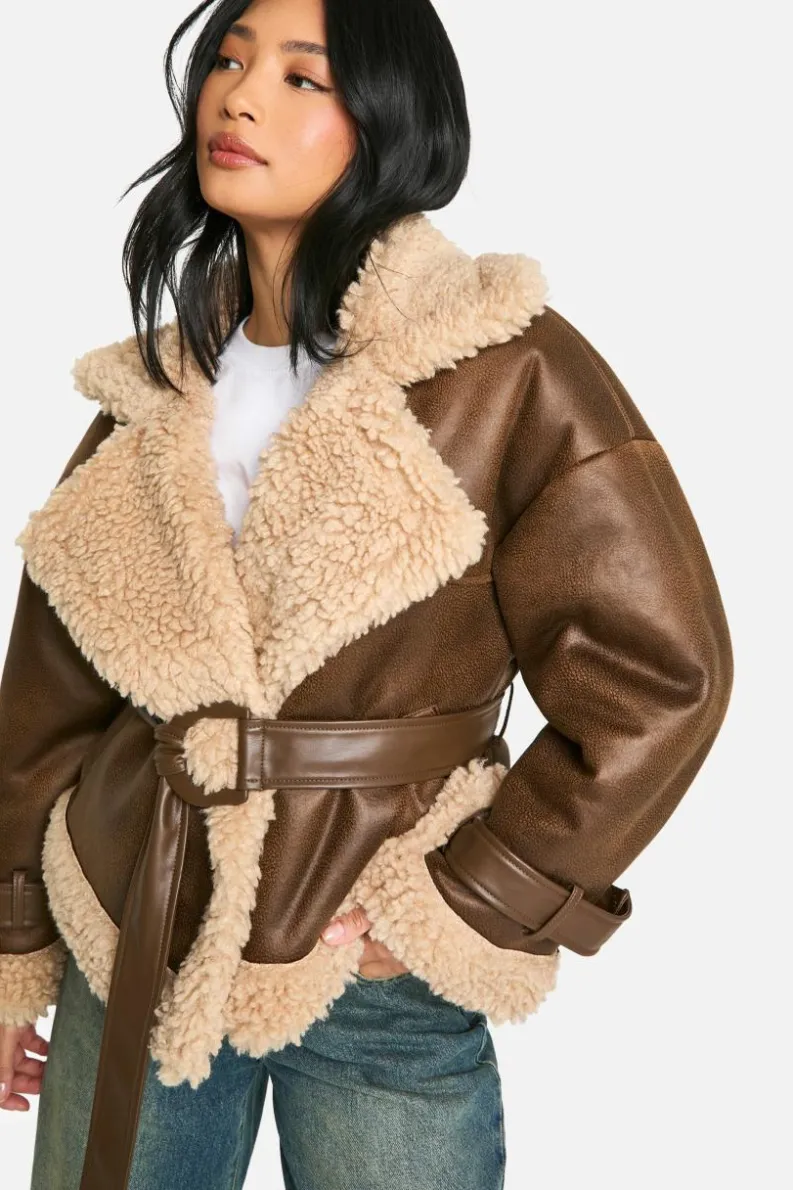Up To 80% Off Winter Warmers|Aviator Jackets*boohoo Petite Belted Luxe Teddy Trim Jacket brown