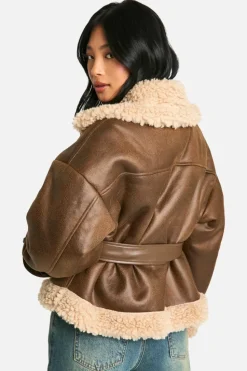 Up To 80% Off Winter Warmers|Aviator Jackets*boohoo Petite Belted Luxe Teddy Trim Jacket brown