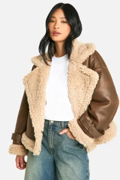 Up To 80% Off Winter Warmers|Aviator Jackets*boohoo Petite Belted Luxe Teddy Trim Jacket brown