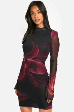 Skater Dresses|Mini Dresses*boohoo Petite Bold Floral Mesh Mini Dress magenta pink