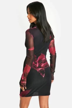 Skater Dresses|Mini Dresses*boohoo Petite Bold Floral Mesh Mini Dress magenta pink
