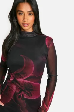 Skater Dresses|Mini Dresses*boohoo Petite Bold Floral Mesh Mini Dress magenta pink