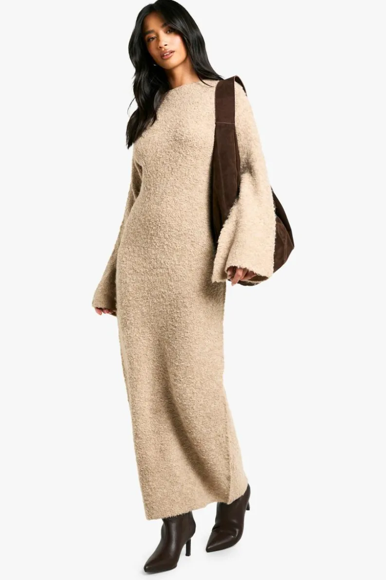 Maxi Dresses|Jumper Dresses*boohoo Petite Borg Flare Sleeve Knitted Maxi Dress camel