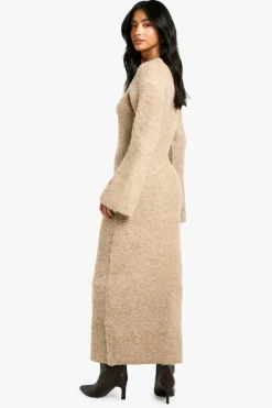 Maxi Dresses|Jumper Dresses*boohoo Petite Borg Flare Sleeve Knitted Maxi Dress camel