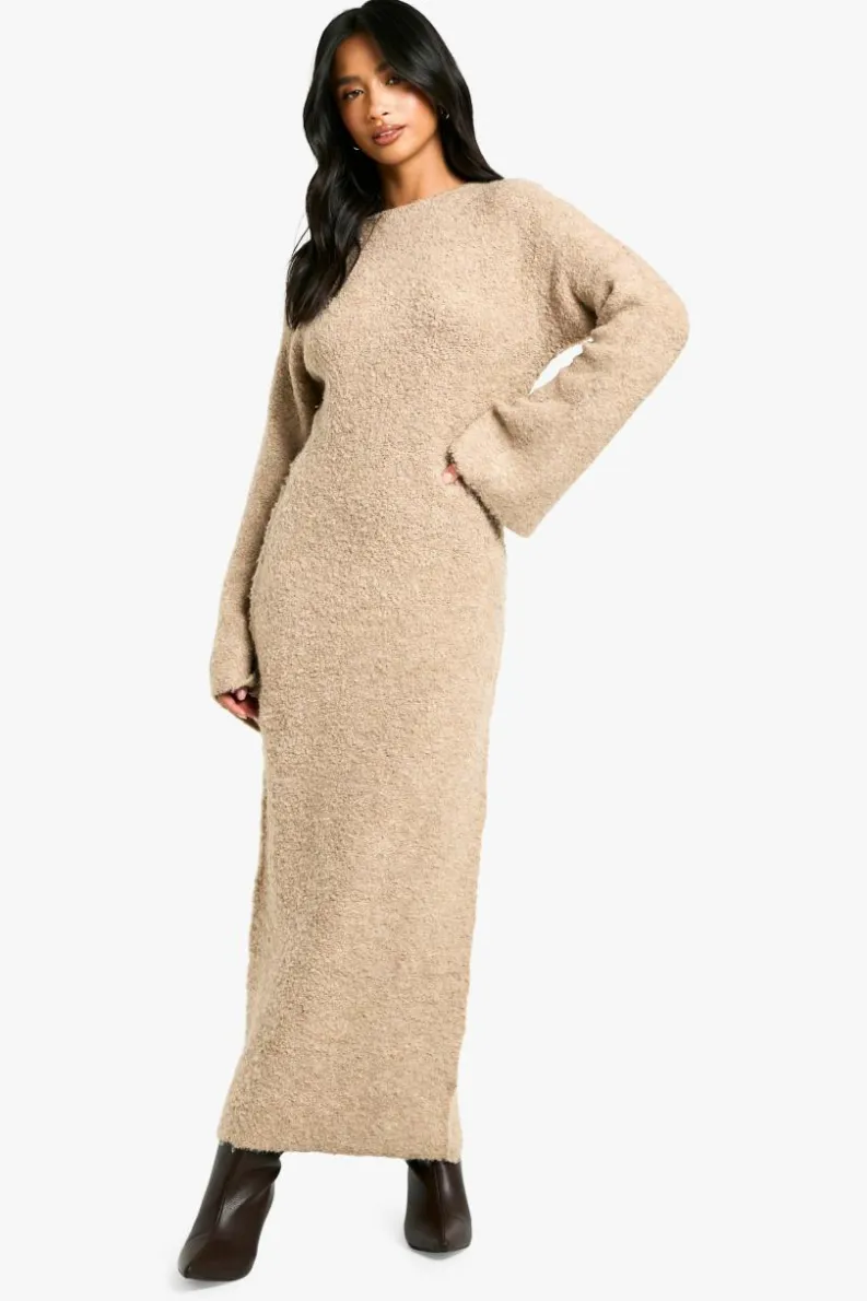 Maxi Dresses|Jumper Dresses*boohoo Petite Borg Flare Sleeve Knitted Maxi Dress camel
