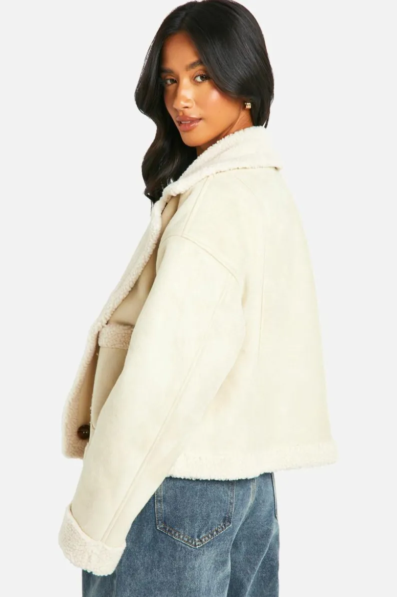 Up To 80% Off Winter Warmers|Aviator Jackets*boohoo Petite Borg Lined Faux Suede Jacket stone