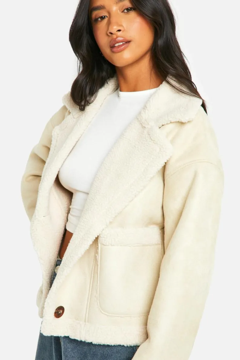 Up To 80% Off Winter Warmers|Aviator Jackets*boohoo Petite Borg Lined Faux Suede Jacket stone