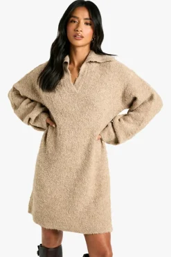 Jumper Dresses|Jumper Dresses*boohoo Petite Borg Oversized Collar Detail Mini Dress camel