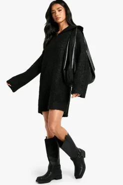 Jumper Dresses|Jumper Dresses*boohoo Petite Borg Oversized Collar Detail Mini Dress black