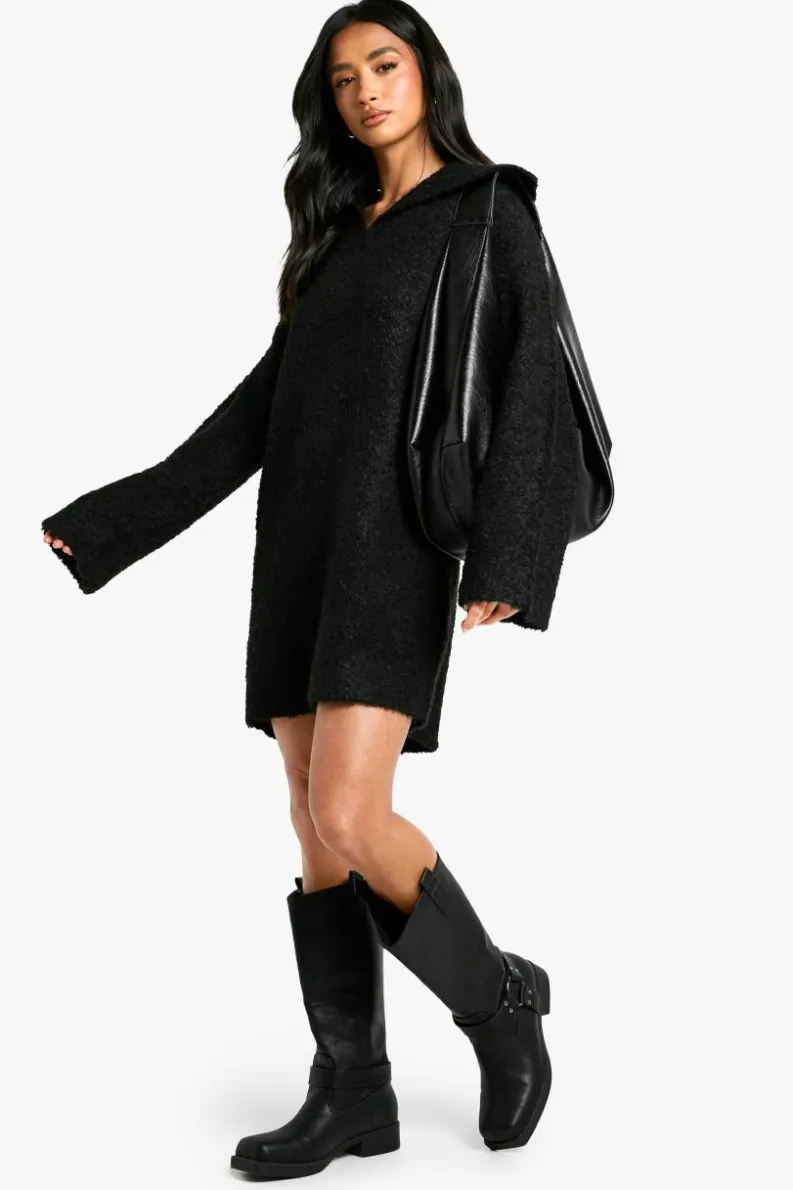 Jumper Dresses|Jumper Dresses*boohoo Petite Borg Oversized Collar Detail Mini Dress black