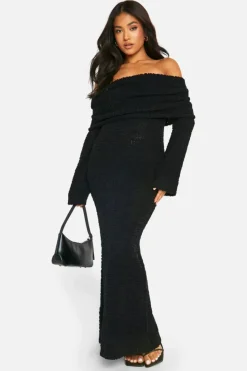 Maxi Dresses|Jumper Dresses*boohoo Petite Boucle Extreme Foldover Bardot Knitted Maxi Dress black