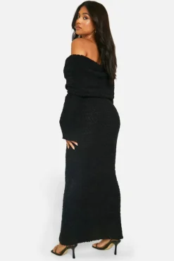 Maxi Dresses|Jumper Dresses*boohoo Petite Boucle Extreme Foldover Bardot Knitted Maxi Dress black