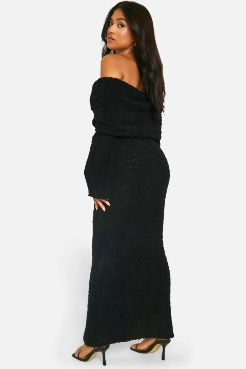 Maxi Dresses|Jumper Dresses*boohoo Petite Boucle Extreme Foldover Bardot Knitted Maxi Dress black