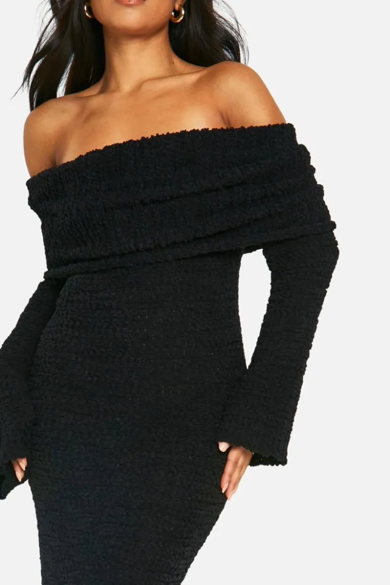 Maxi Dresses|Jumper Dresses*boohoo Petite Boucle Extreme Foldover Bardot Knitted Maxi Dress black