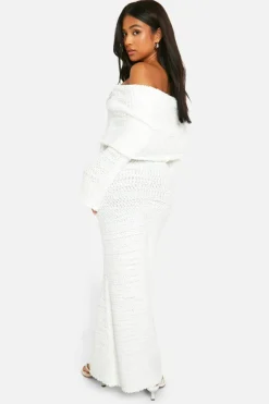 Maxi Dresses|Jumper Dresses*boohoo Petite Boucle Extreme Foldover Bardot Knitted Maxi Dress ecru