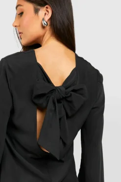 Mini Dresses|Long Sleeve Dresses*boohoo Petite Bow Detail Open Back Mini Dress black