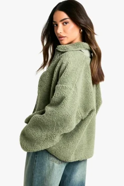 Up To 80% Off Winter Warmers|Bomber Jackets*boohoo Petite Boxy Teddy Jacket sage