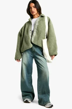 Up To 80% Off Winter Warmers|Bomber Jackets*boohoo Petite Boxy Teddy Jacket sage