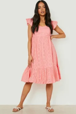 Smock Dresses|Midi Dresses*boohoo Petite Broderie Puff Sleeve Bardot Midi Dress coral