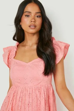 Smock Dresses|Midi Dresses*boohoo Petite Broderie Puff Sleeve Bardot Midi Dress coral