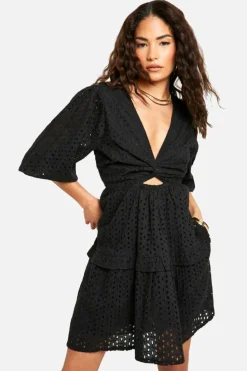 Skater Dresses*boohoo Petite Broderie Puff Sleeve Mini Dress black