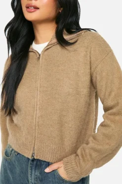 Cardigans*boohoo Petite Brushed Knit Zip Through Cardigan sand