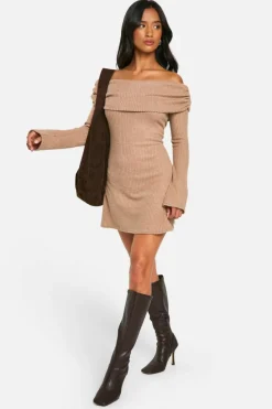 Mini Dresses|Long Sleeve Dresses*boohoo Petite Brushed Rib Foldover Bardot Mini Dress camel