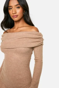 Mini Dresses|Long Sleeve Dresses*boohoo Petite Brushed Rib Foldover Bardot Mini Dress camel