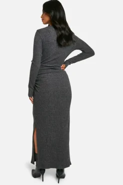Maxi Dresses|Long Sleeve Dresses*boohoo Petite Brushed Rib Long Sleeve Maxi Dress charcoal