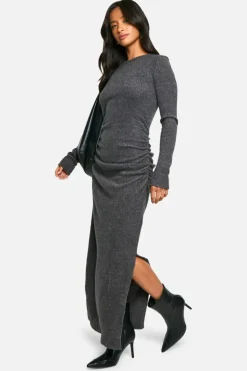 Maxi Dresses|Long Sleeve Dresses*boohoo Petite Brushed Rib Long Sleeve Maxi Dress charcoal