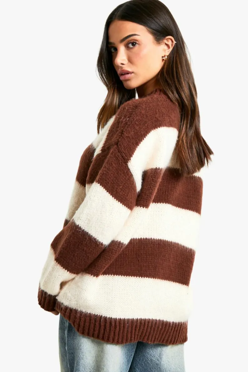 Oversized Jumpers|Jumpers*boohoo Petite Brushed Striped Oversized Knitted Jumper chocolate