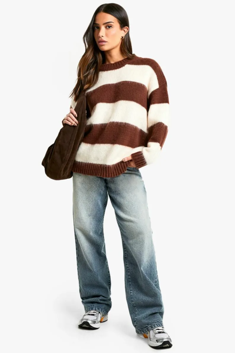 Oversized Jumpers|Jumpers*boohoo Petite Brushed Striped Oversized Knitted Jumper chocolate