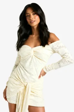 Wrap Dresses|Bodycon Dresses*boohoo Petite Burnout Bardot Twist Wrap Mini Dresss ivory