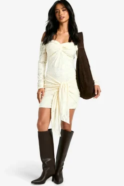 Wrap Dresses|Bodycon Dresses*boohoo Petite Burnout Bardot Twist Wrap Mini Dresss ivory