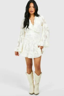 Skater Dresses*boohoo Petite Burnout Frill Mini Dress ivory