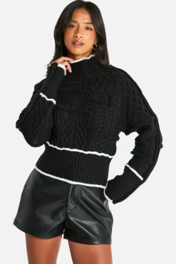 Jumpers|Jumpers & Cardigans*boohoo Petite Cable Knit Contrast Detail High Neck Jumper black