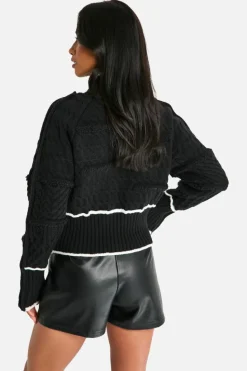 Jumpers|Jumpers & Cardigans*boohoo Petite Cable Knit Contrast Detail High Neck Jumper black