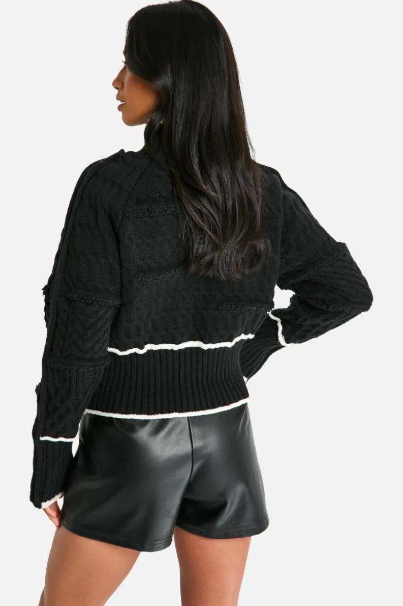 Jumpers|Jumpers & Cardigans*boohoo Petite Cable Knit Contrast Detail High Neck Jumper black