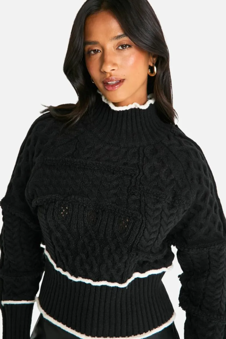Jumpers|Jumpers & Cardigans*boohoo Petite Cable Knit Contrast Detail High Neck Jumper black
