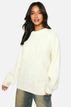 Oversized Jumpers|Jumpers*boohoo Petite Cable Knit Oversized Crew Neck Jumper cream