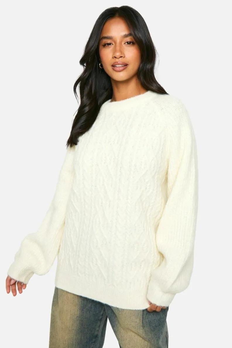 Oversized Jumpers|Jumpers*boohoo Petite Cable Knit Oversized Crew Neck Jumper cream