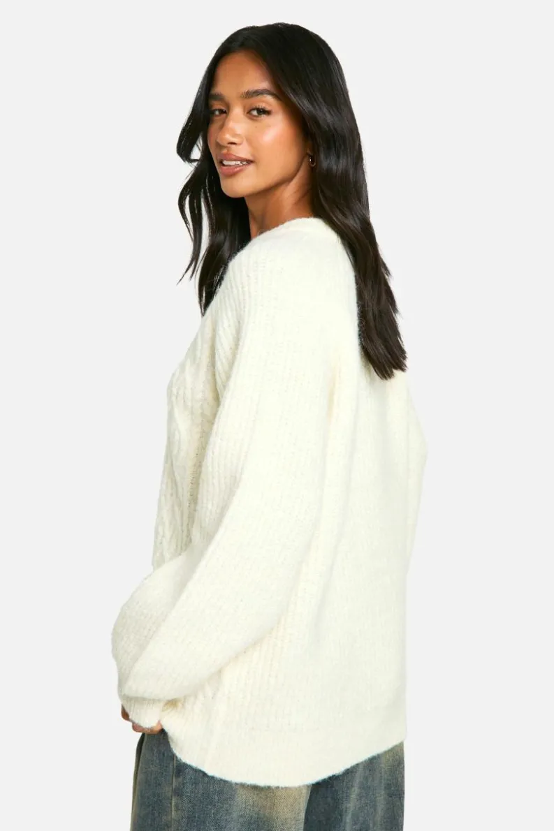 Oversized Jumpers|Jumpers*boohoo Petite Cable Knit Oversized Crew Neck Jumper cream