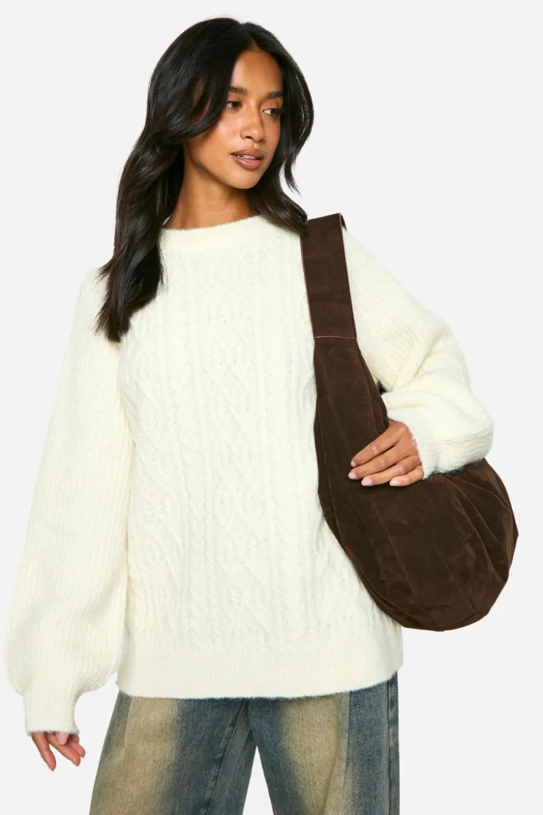 Oversized Jumpers|Jumpers*boohoo Petite Cable Knit Oversized Crew Neck Jumper cream
