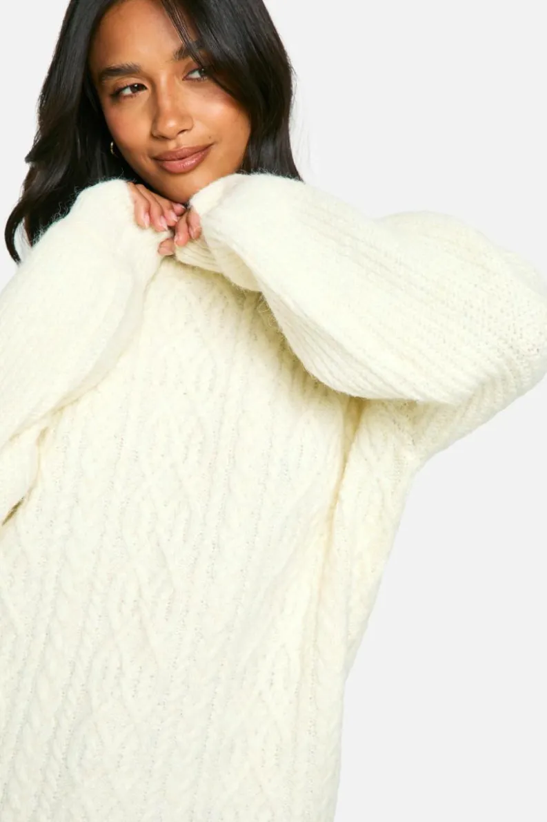 Oversized Jumpers|Jumpers*boohoo Petite Cable Knit Oversized Crew Neck Jumper cream