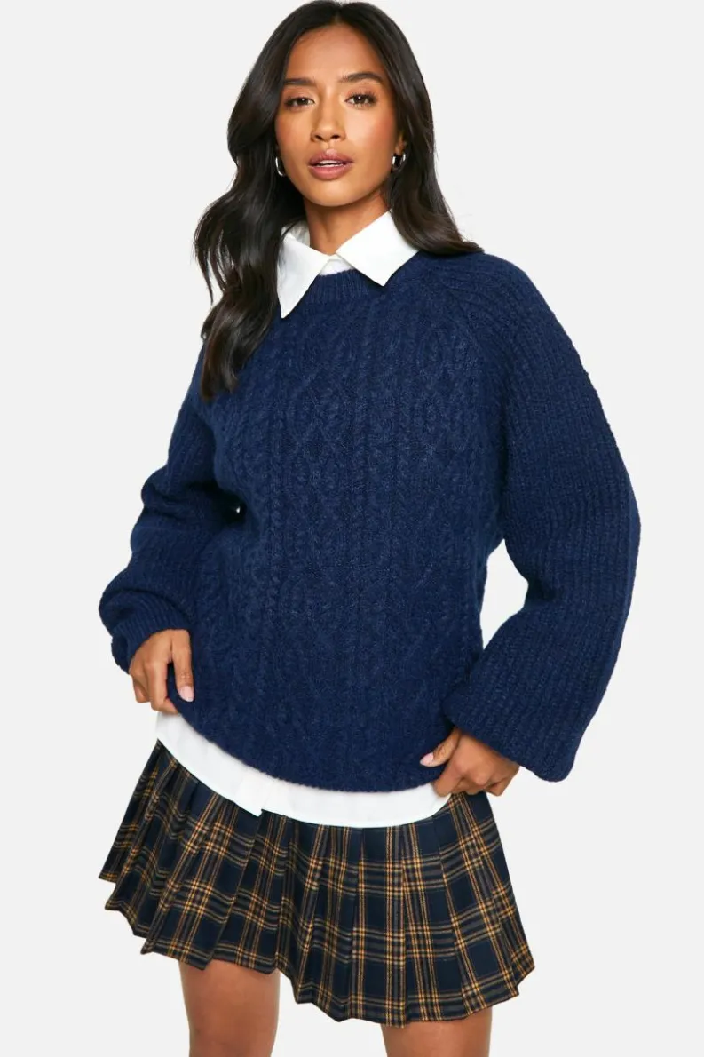 Oversized Jumpers|Jumpers*boohoo Petite Cable Knit Oversized Crew Neck Jumper navy