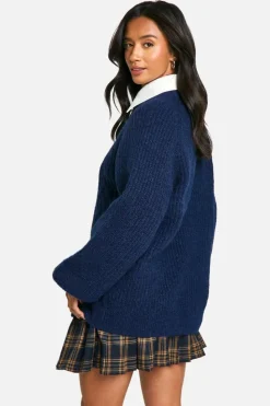 Oversized Jumpers|Jumpers*boohoo Petite Cable Knit Oversized Crew Neck Jumper navy