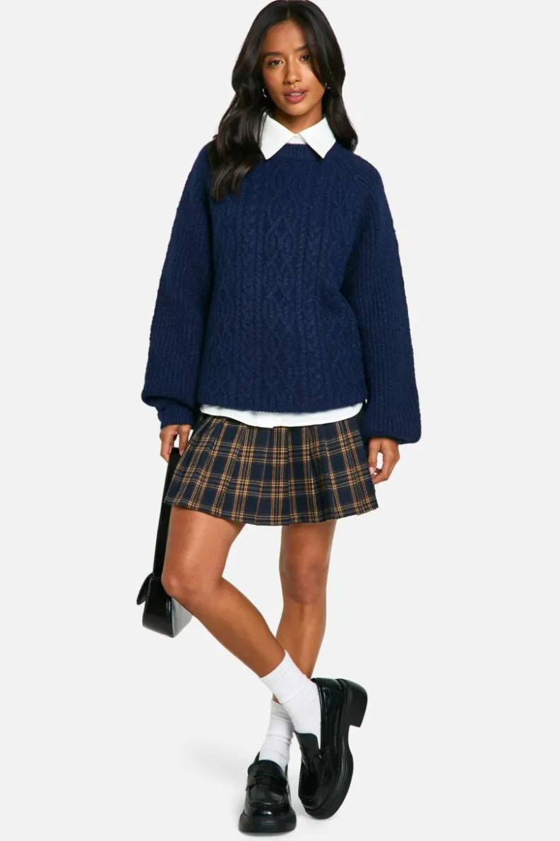 Oversized Jumpers|Jumpers*boohoo Petite Cable Knit Oversized Crew Neck Jumper navy