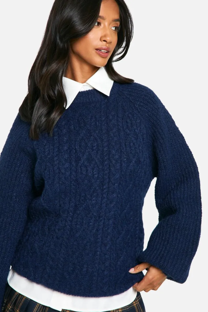 Oversized Jumpers|Jumpers*boohoo Petite Cable Knit Oversized Crew Neck Jumper navy