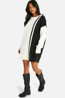 Jumper Dresses|Jumper Dresses*boohoo Petite Cable Knit Panel Detail Jumper Dress cream
