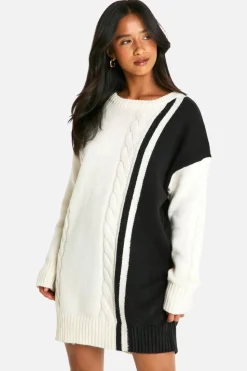 Jumper Dresses|Jumper Dresses*boohoo Petite Cable Knit Panel Detail Jumper Dress cream